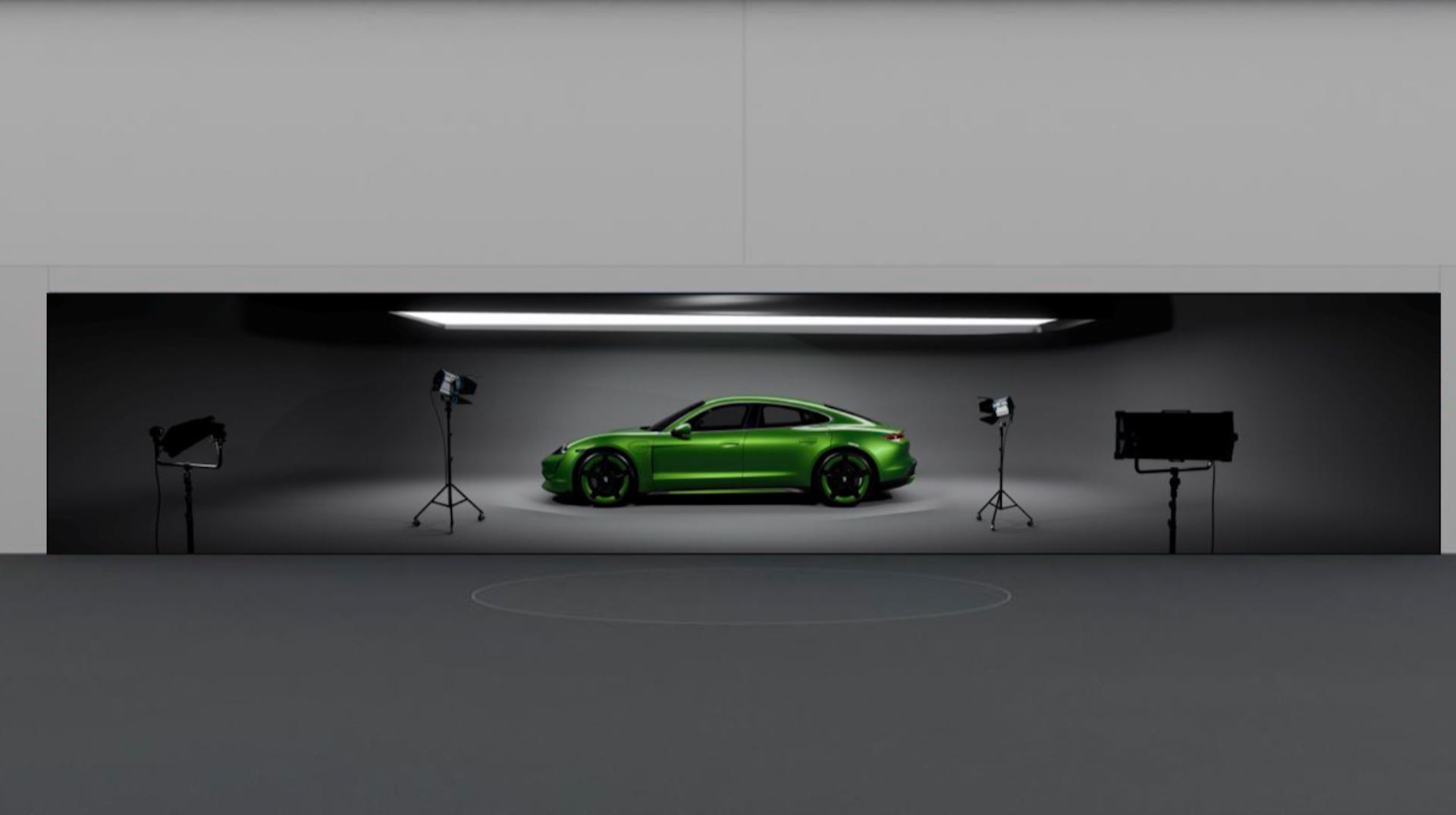 Life size Porsche rendered on an ultra wide TRUE dvLED design studio wall
