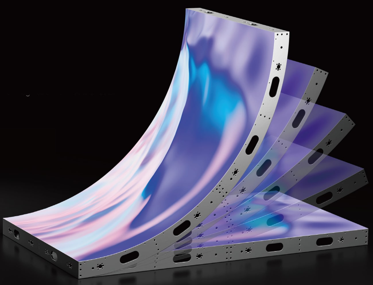 Five dvLED tiles fanned out to show the range of curvature, from a tight inward bend through flat to an outward bend