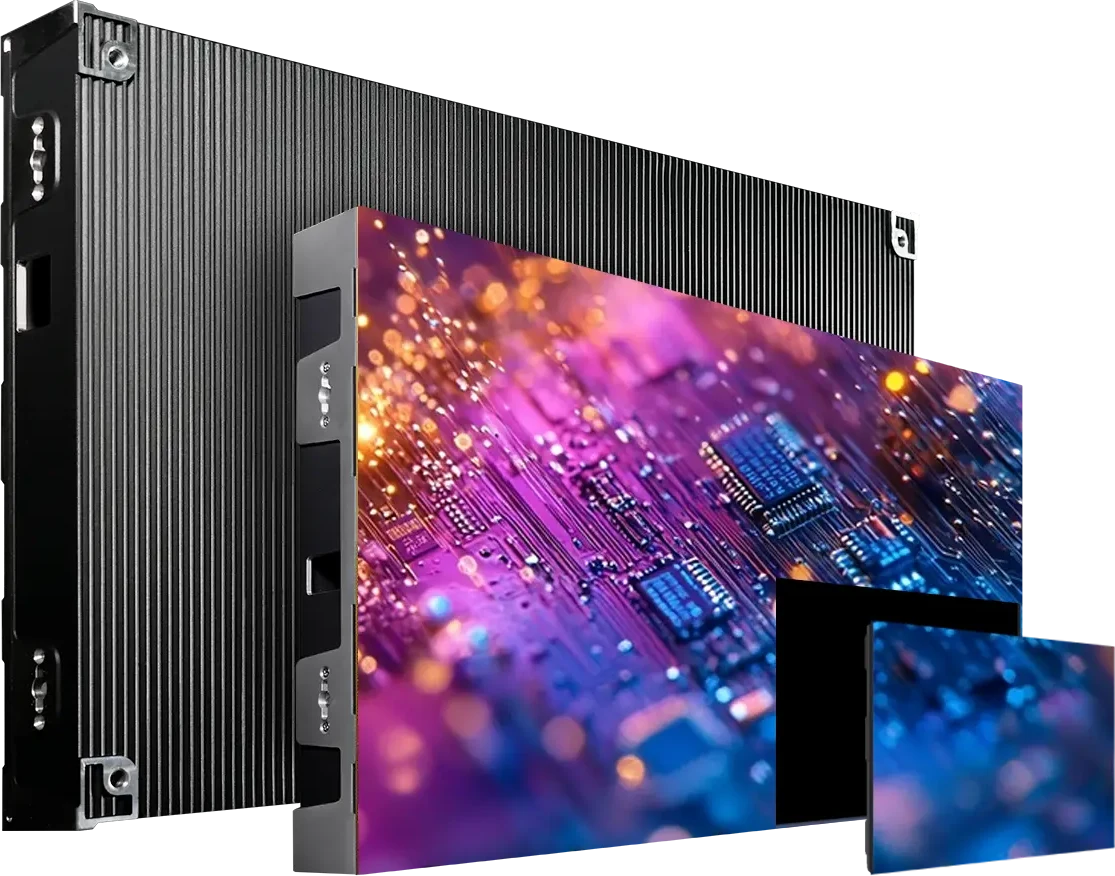 TRUE dvLED cabinet seen from the rear beside a lit panel front and a single LED module, showing what a wall is actually built from