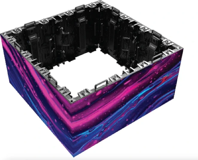 Open topped dvLED cube built from standard cabinets, magenta and blue content wrapping all four outer faces