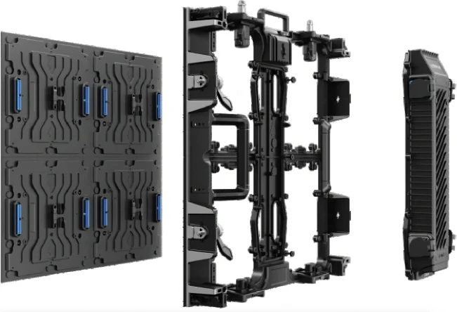 Exploded view of a dvLED cabinet: module rear with its connectors, the die cast frame, and the side profile