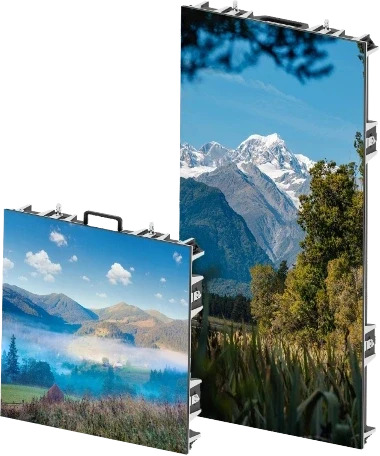 Two rental dvLED cabinets side by side, one 500 by 500 mm and one 500 by 1000 mm, showing landscape content