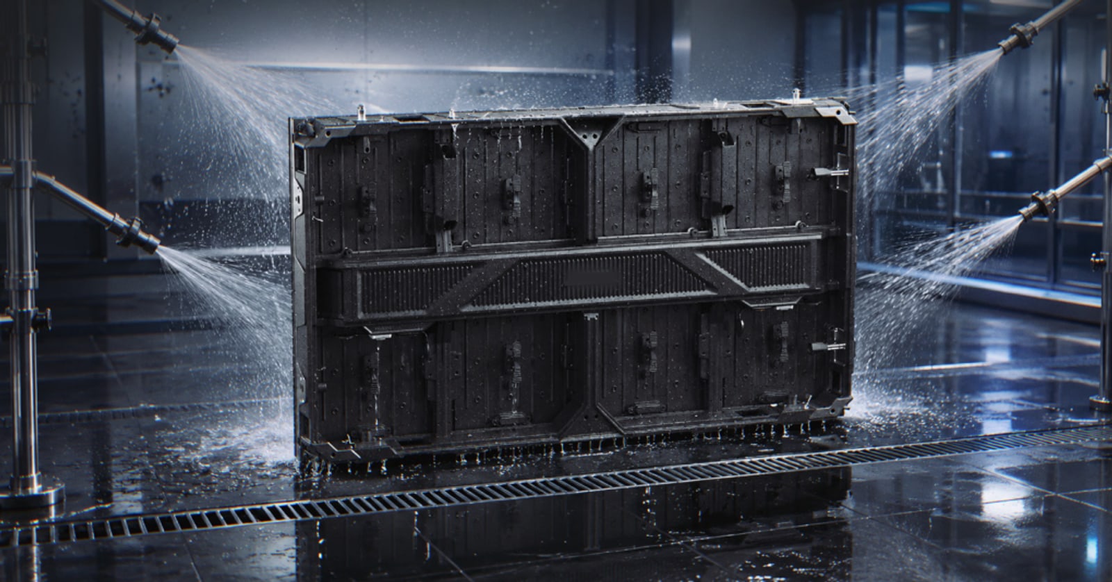 Sealed dvLED cabinet being sprayed from both sides with water jets in a test hall
