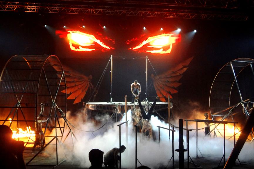 Theatrical stage with a TRUE dvLED eyes wall, flame jets and haze