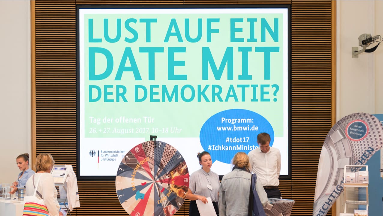 Large TRUE dvLED wall carrying the campaign visual at the open day of the German Federal Ministry for Economic Affairs and Energy in Berlin