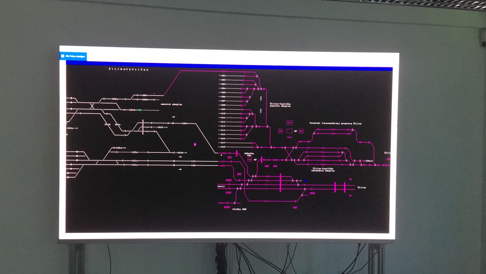Railway traffic control schematic running on a TRUE dvLED wall for a control room