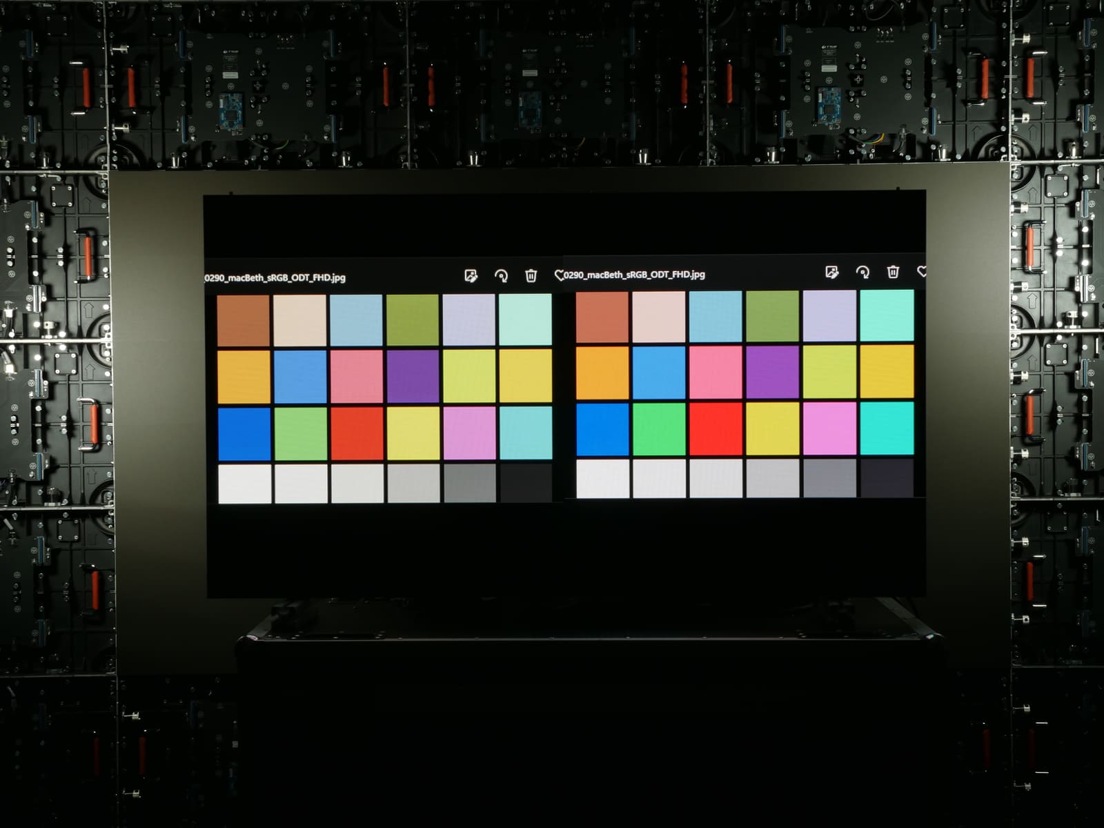 Color reference chart reproduced twice side by side on TRUE dvLED as calibration proof