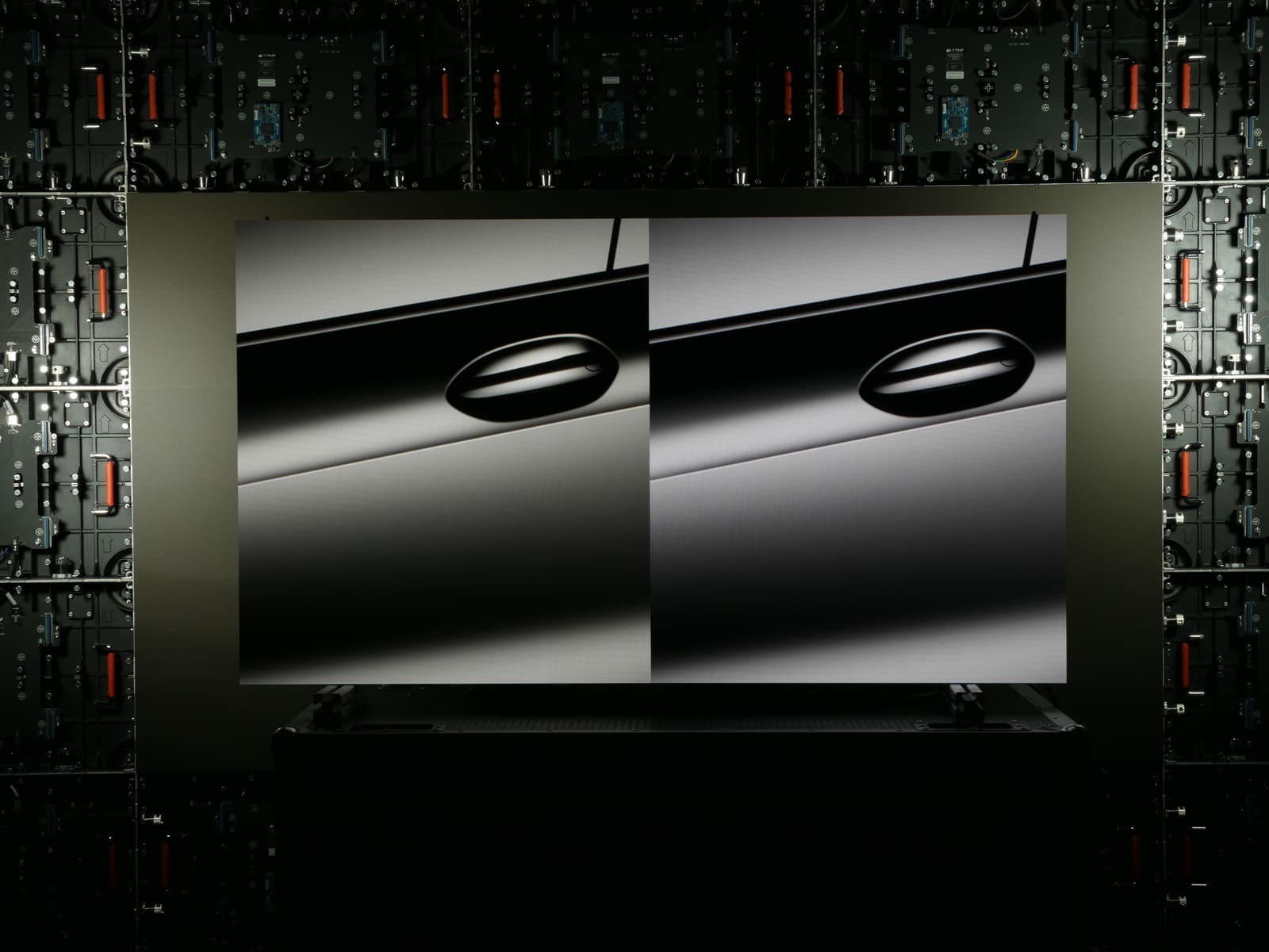 Side by side grey scale car door comparison framed by the rear of the TRUE panels