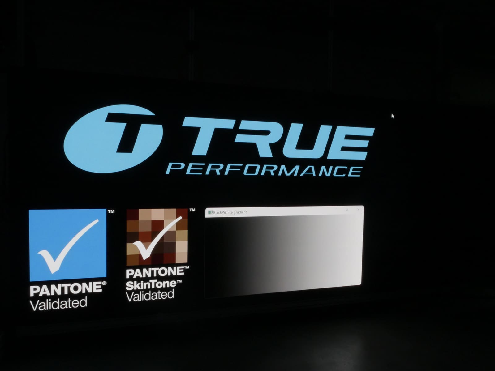 TRUE logo shown with the Pantone Validated and Pantone SkinTone Validated marks on a dvLED wall