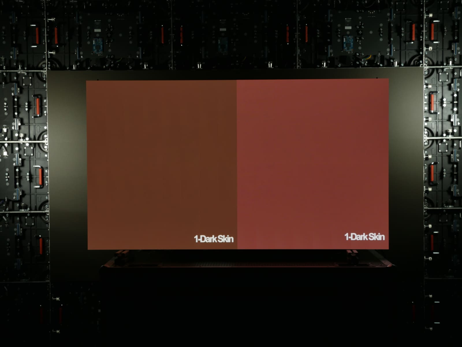 Split skin tone patch comparison on a TRUE dvLED wall in the measurement lab