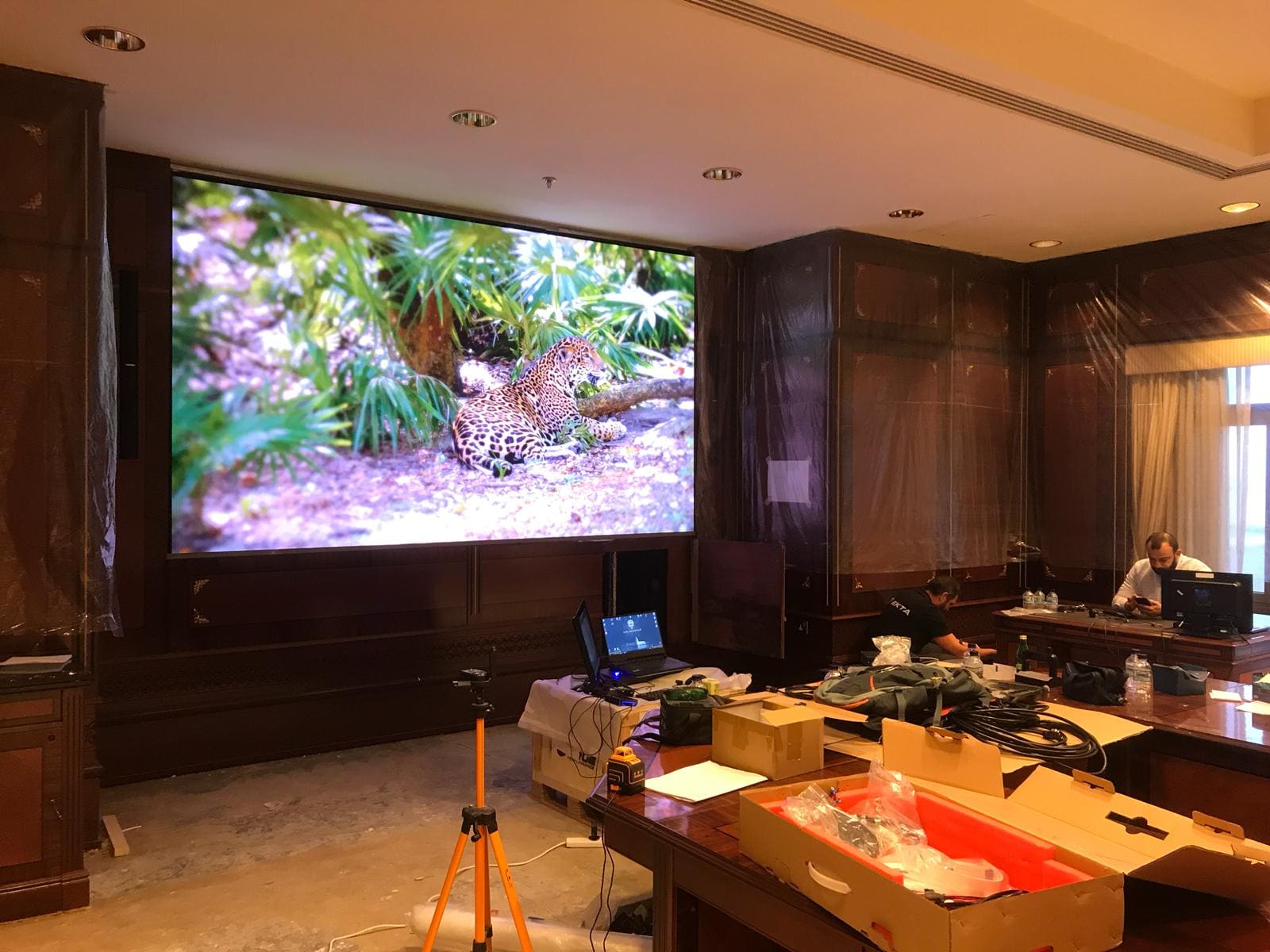 Boardroom TRUE dvLED wall under installation with protective sheeting still in place