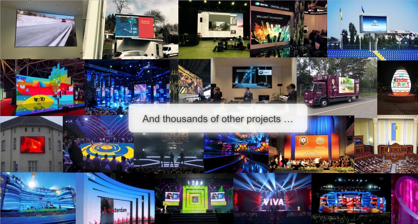 Collage of TRUE LED wall projects including stages, stadiums, building facades, vehicles and trade show stands