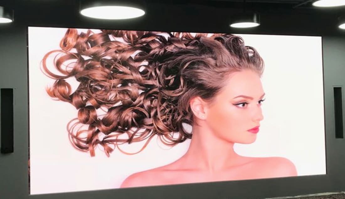 Large indoor TRUE dvLED wall in a dark room displaying a portrait of a woman with curly hair