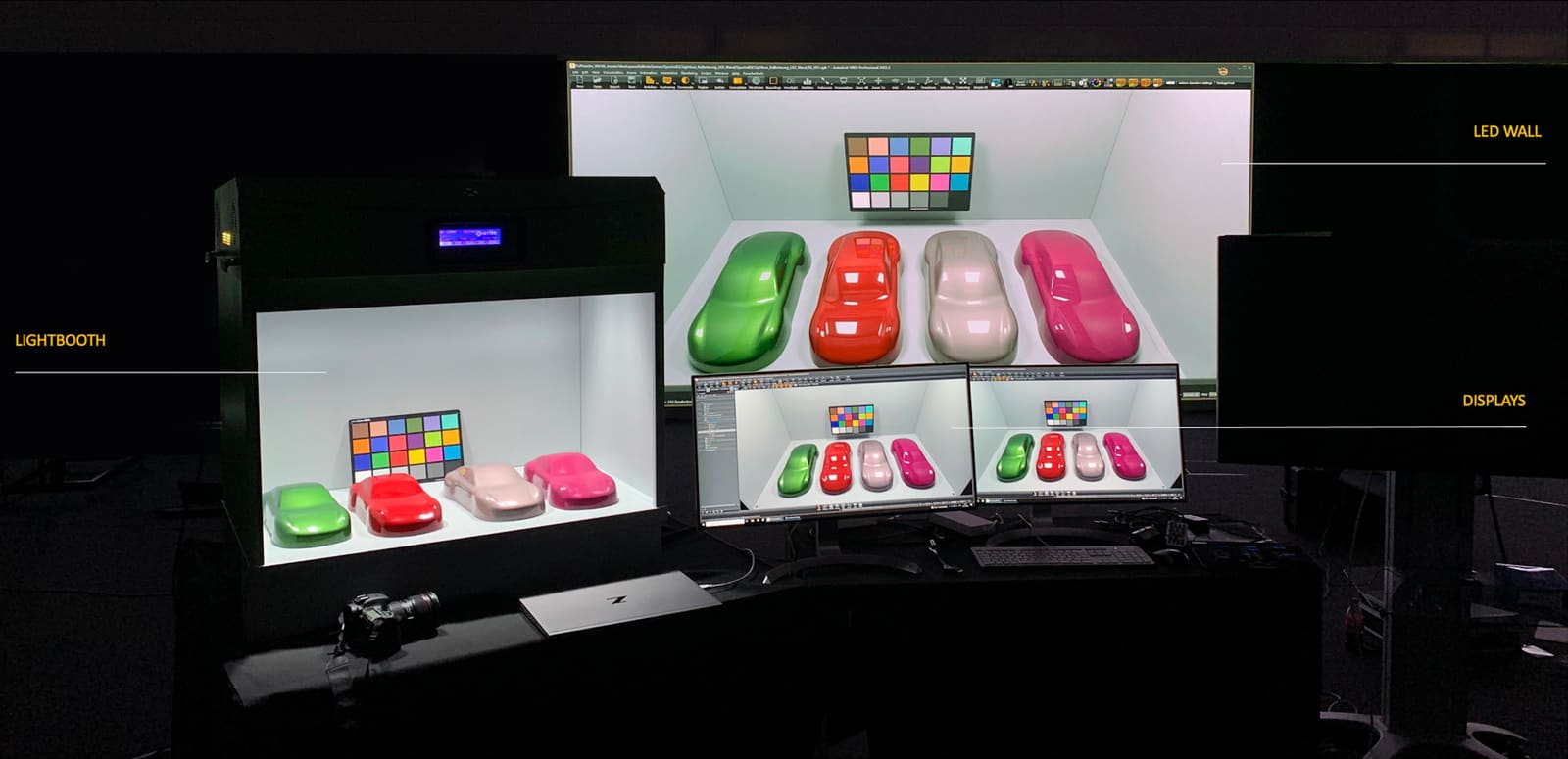 Painted car models in a light booth compared with the same image shown on a TRUE dvLED wall