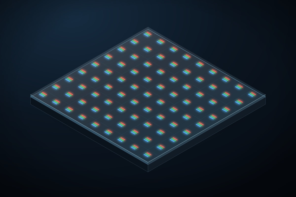 Isometric illustration of a COB module: the red, green and blue dies sit flush on the board and one continuous resin layer covers the whole surface, with nothing standing proud