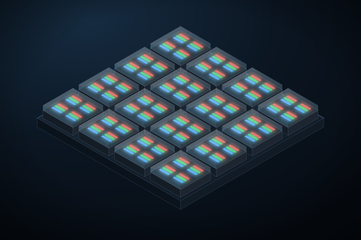 Isometric illustration of an IMD module: fewer, larger housings on the board, each holding four pixels under one shared lens