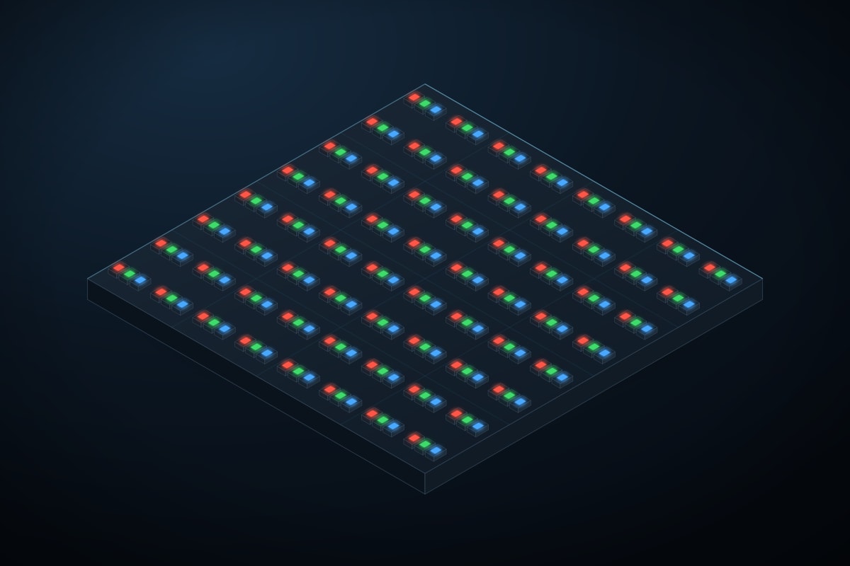 Isometric illustration of a MIP module: every pixel is three separately packaged micro LED dies placed side by side on the board