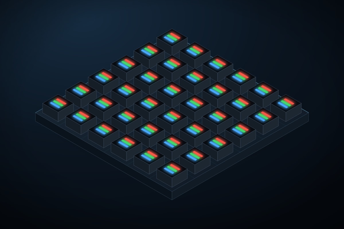 Isometric illustration of an SMD module: discrete LED packages standing proud of the board, each holding three separate red, green and blue dies